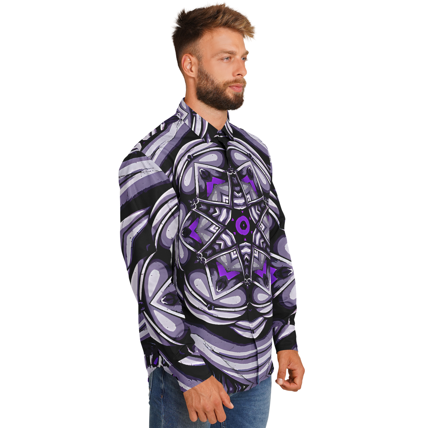 Men's Kaleidoscope Purple Pattern Spread Collar Long Sleeve Button-Down All Over Print Shirt.