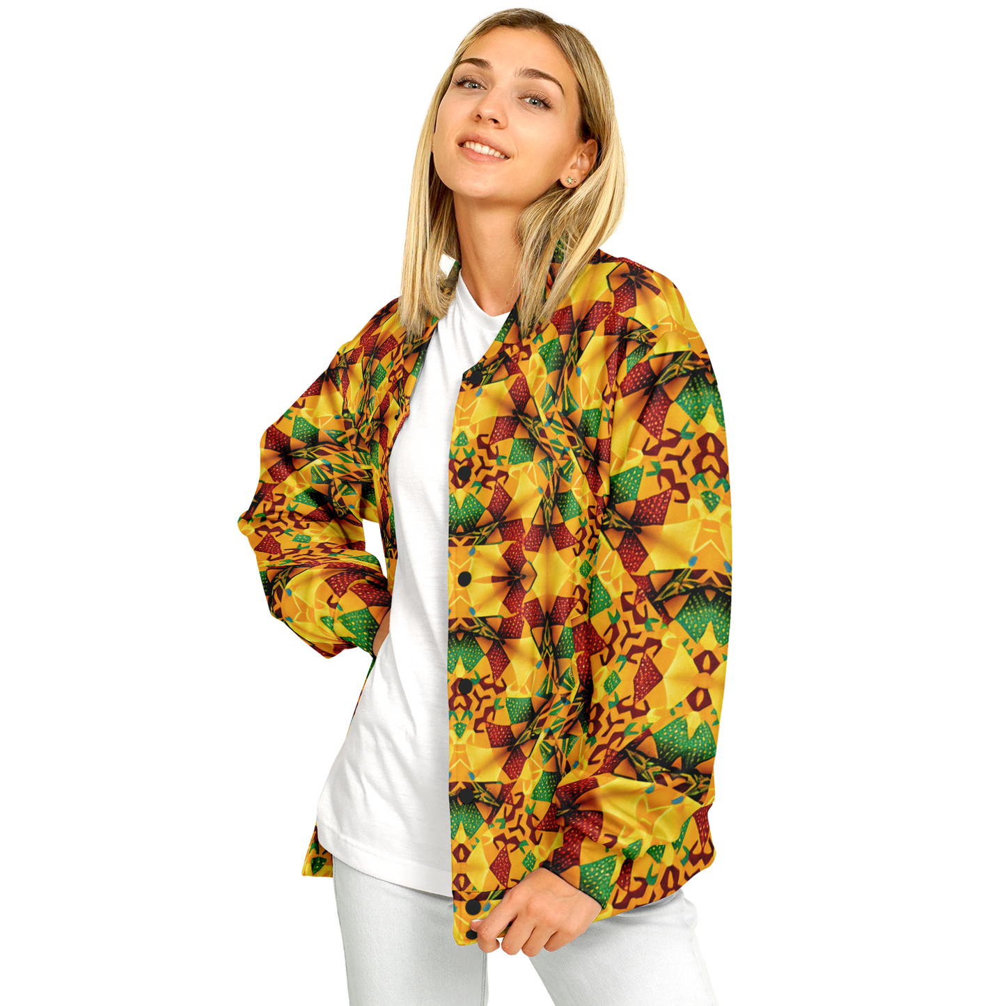 Women's Vibrant African Kente Geometric Pattern All Over Print Baseball Jacket