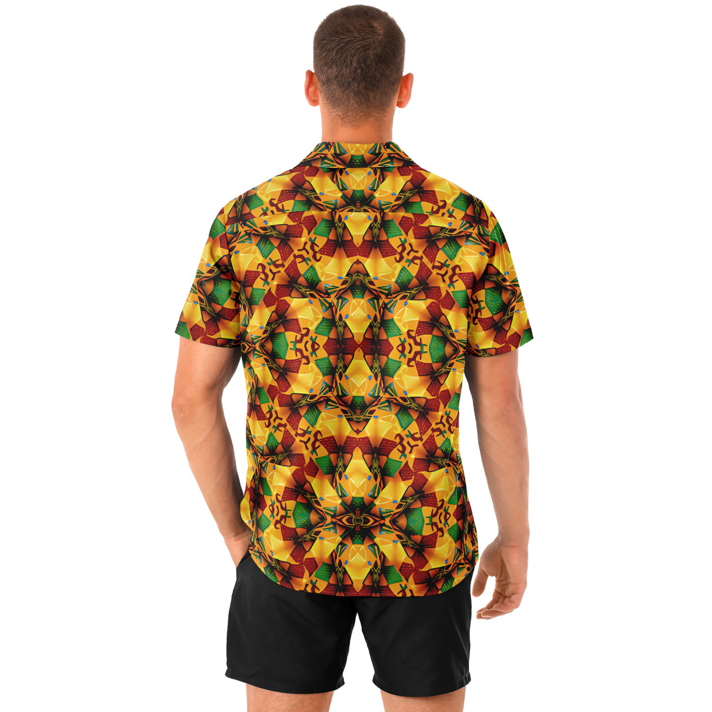 Men's Vibrant Autumn Kaleidoscope Pattern Spread Collar Short Sleeve Button-Down All Over Print Shirt.