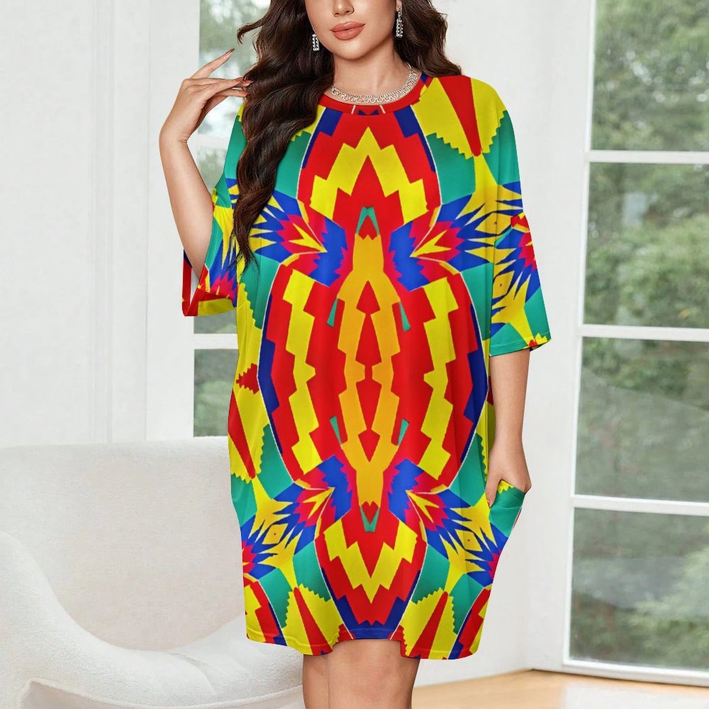 Women's Bold Rainbow Kente-Inspired Geometric Pattern All Over Print Oversized T- Shirt Loungewear