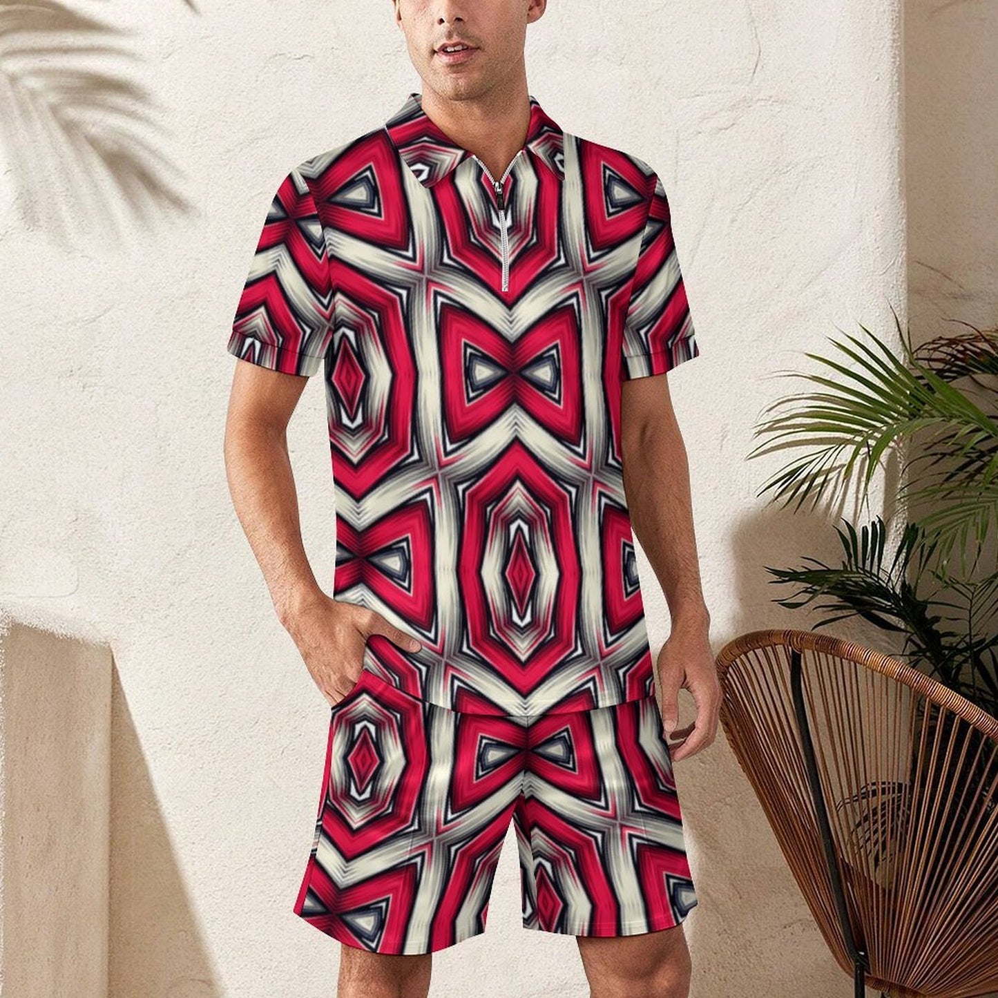 Men's Red Geometric Kaleidoscope Pattern All Over Print Zip-Up Polo Set
