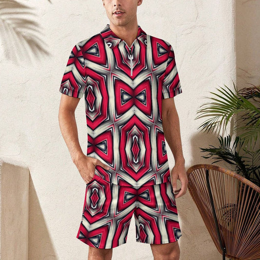 Men's Red Geometric Kaleidoscope Pattern All Over Print Zip-Up Polo Set