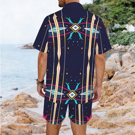 Men's Abstract Neon Geometry Pattern All Over Print Hawaiian Shirt & Shorts Set