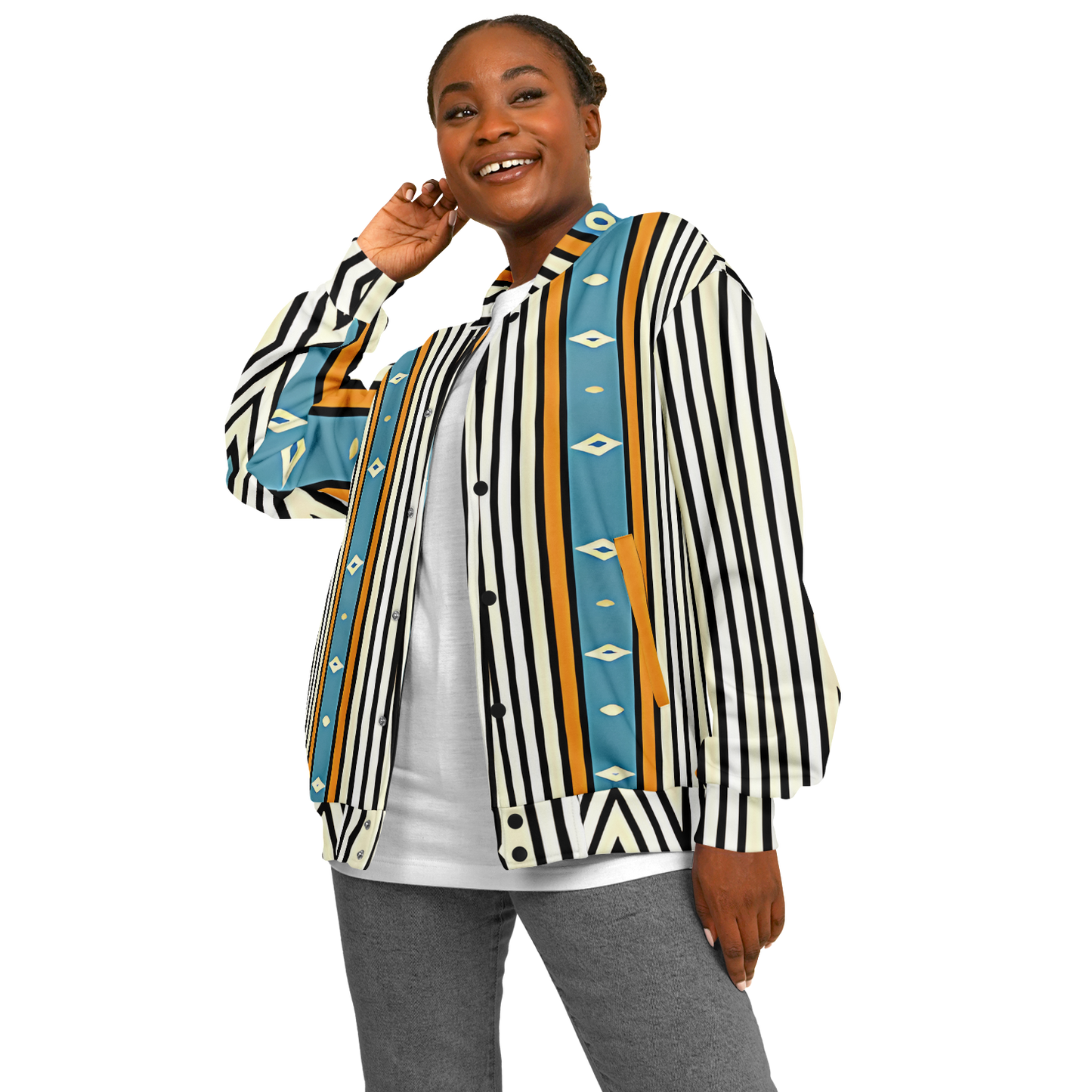 Women's Striped Retro Blue & Orange Patten All Over Print Baseball Jacket