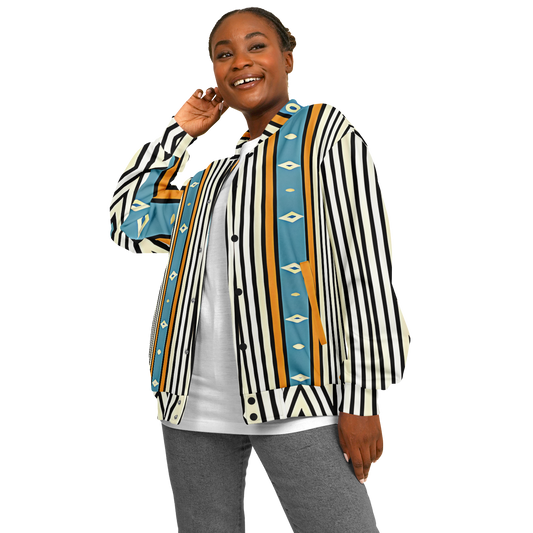 Women's Striped Retro Blue & Orange Patten All Over Print Baseball Jacket