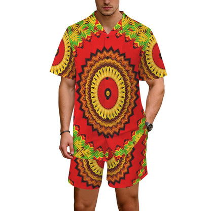 Men's Red Tribal Kaleidoscope Oversized Hawaiian Shirt & Shorts Set