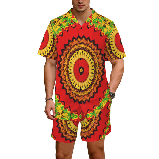 Men's Red Tribal Kaleidoscope Pattern All Over Print Oversized Hawaiian Shirt & Shorts Set