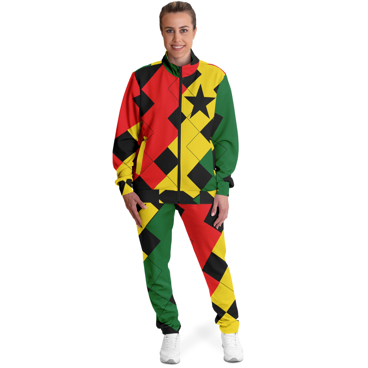 Women's Red Yellow Green and Black Stars Track Jacket and Pants