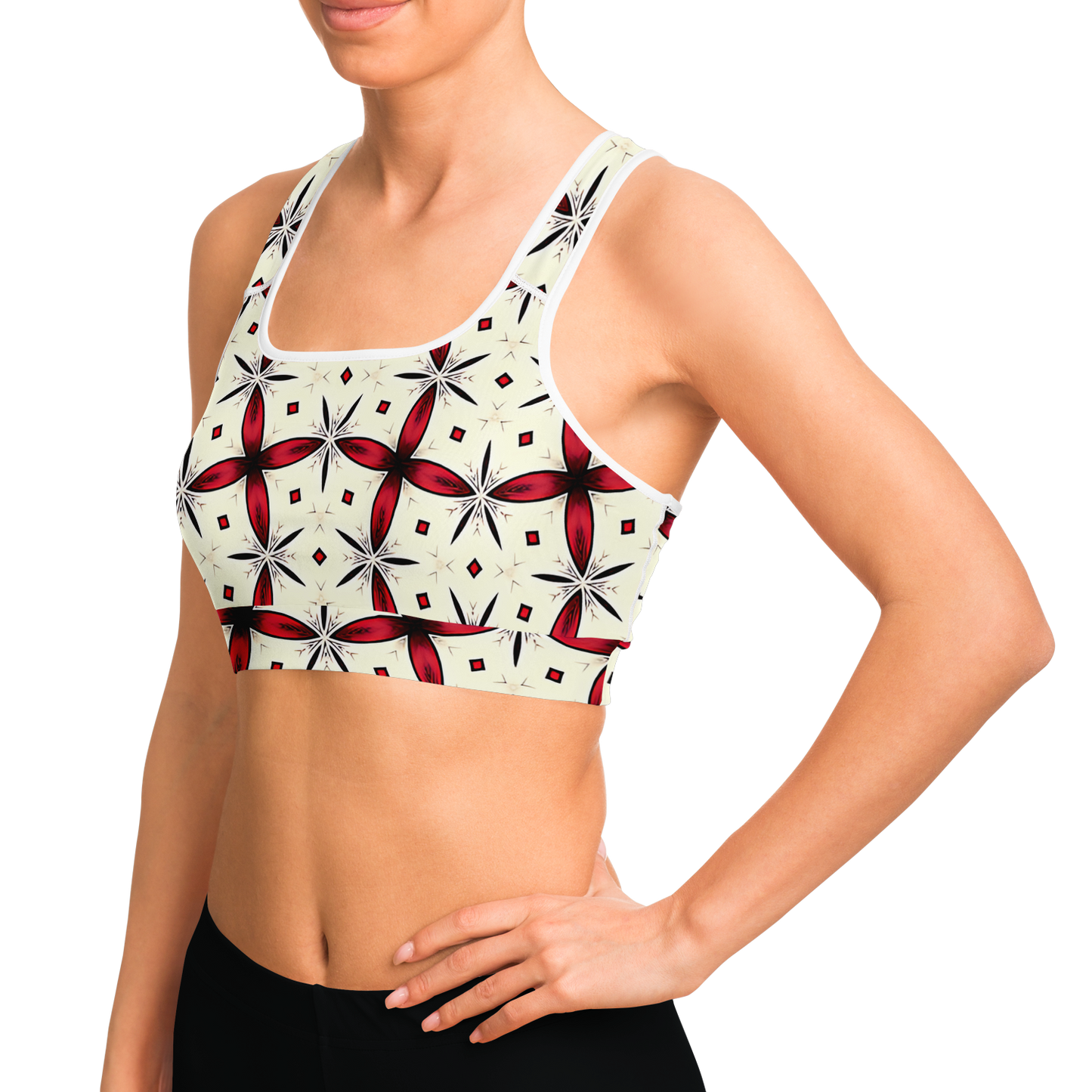 Women's Red & Black Geometric Pattern Sports Bra