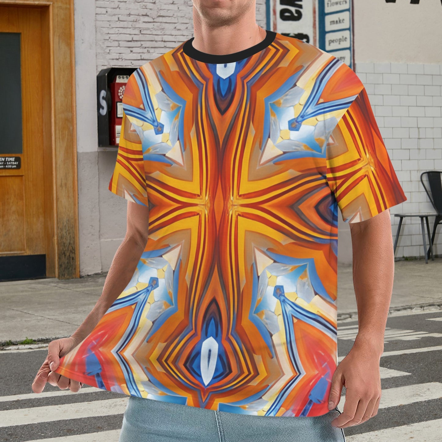 Men's Abstract Flame Kaleidoscope Pattern All Over Print All Over Print Ribbed Collar T-Shirt.