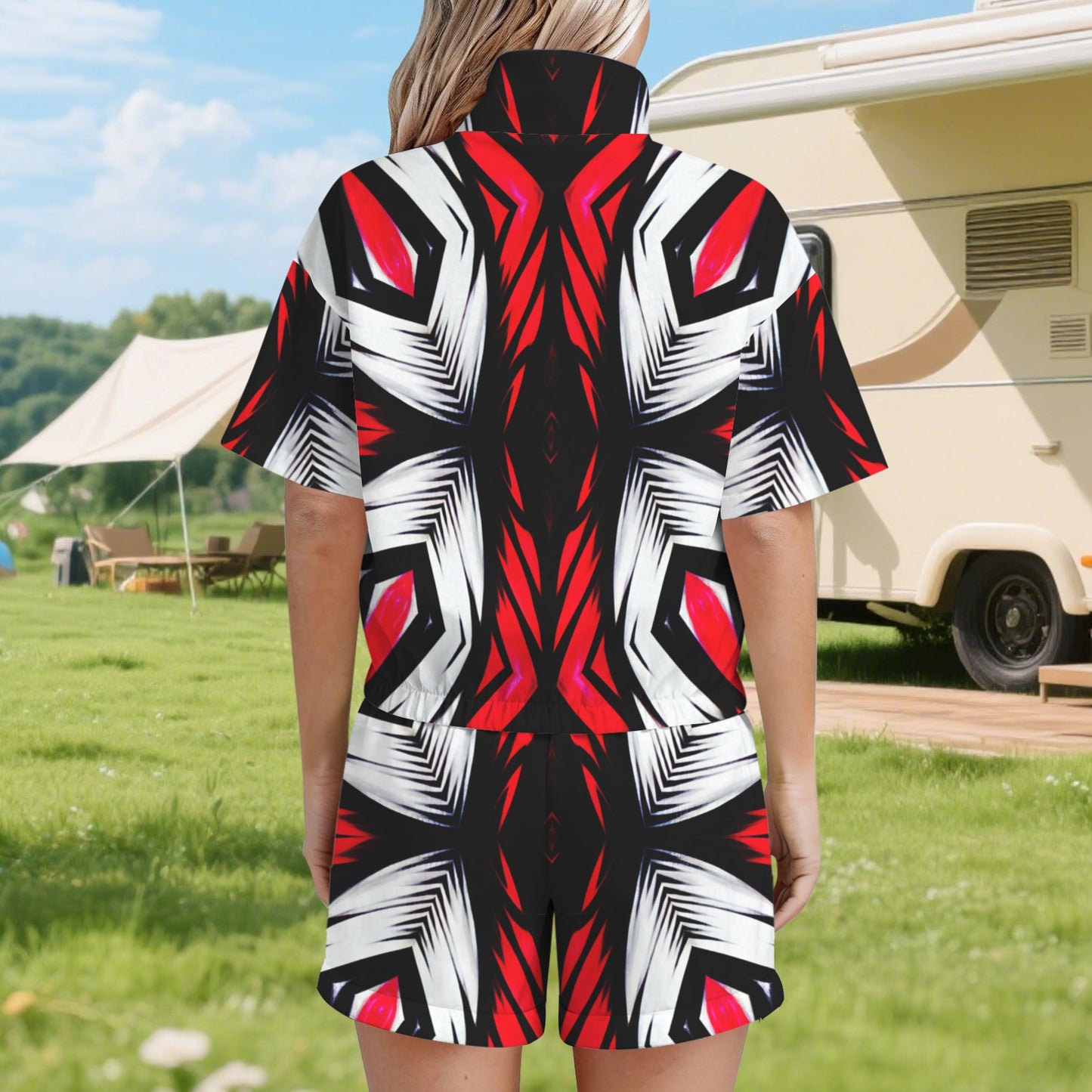 Women's Abstract Red, White & Black Pattern All-Over Print Windbreaker Short Set