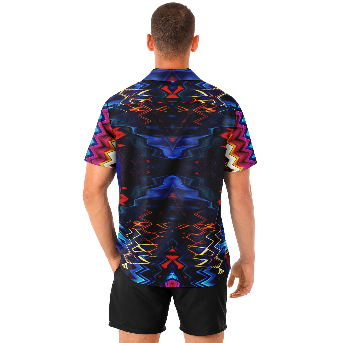 Men's Blue & Red Kaleidoscope Pattern All Over Print Spread Collar Short Sleeve Button-Down Shirt