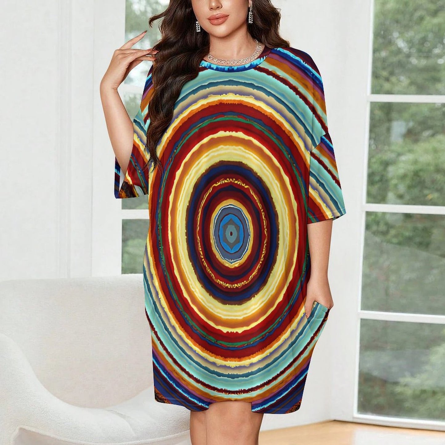 Women's Retro Radiant Circle Pattern  All-Over Print Women's Oversized T- Shirt Loungewear
