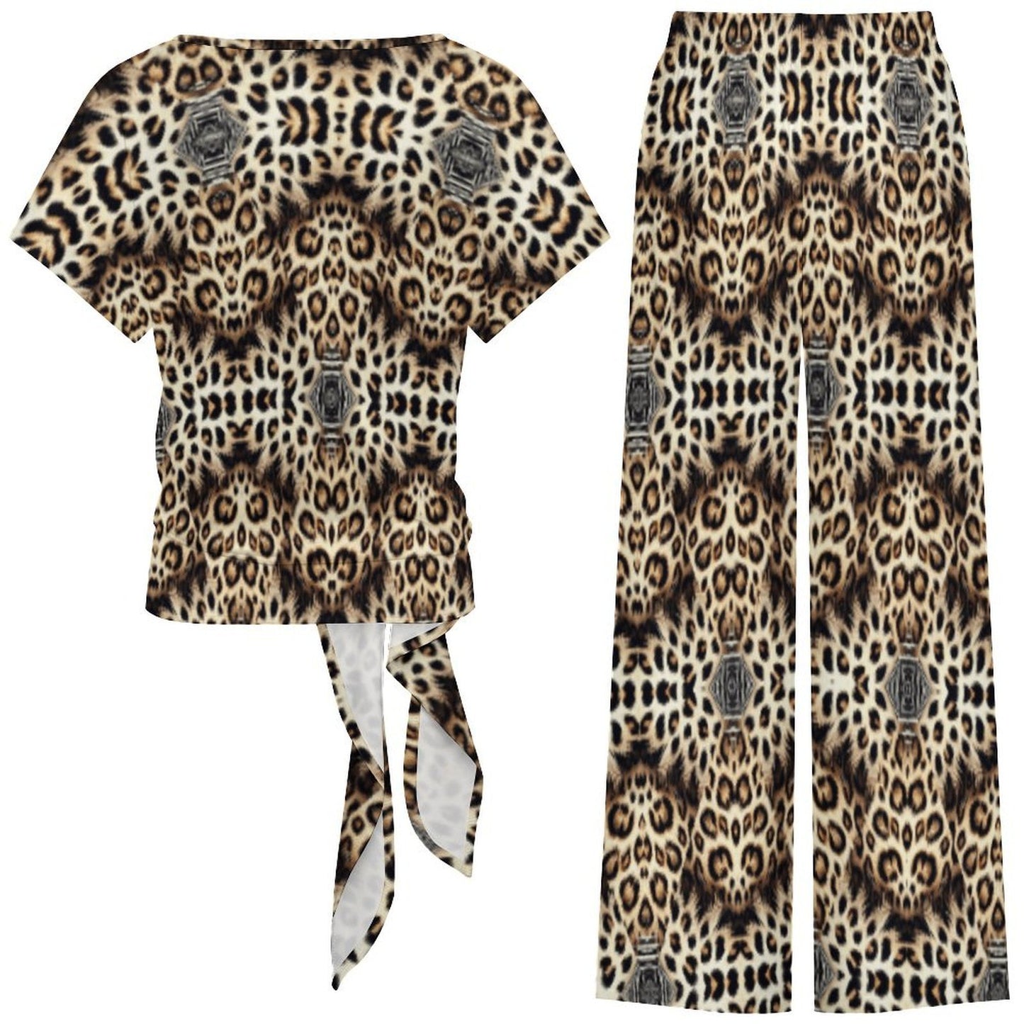 Women's Leopard Trendy Geometric Pattern All-Over Print Side-Tie Short Sleeve Top & Wide-Leg Pants Set