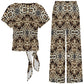 Women's Leopard Trendy Geometric Pattern All-Over Print Side-Tie Short Sleeve Top & Wide-Leg Pants Set