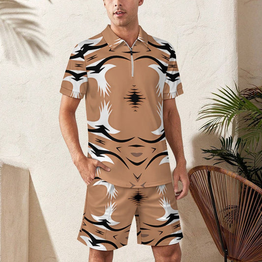 Men's Brown Tribal Wave Pattern All-Over Print Zip-Up Polo Set