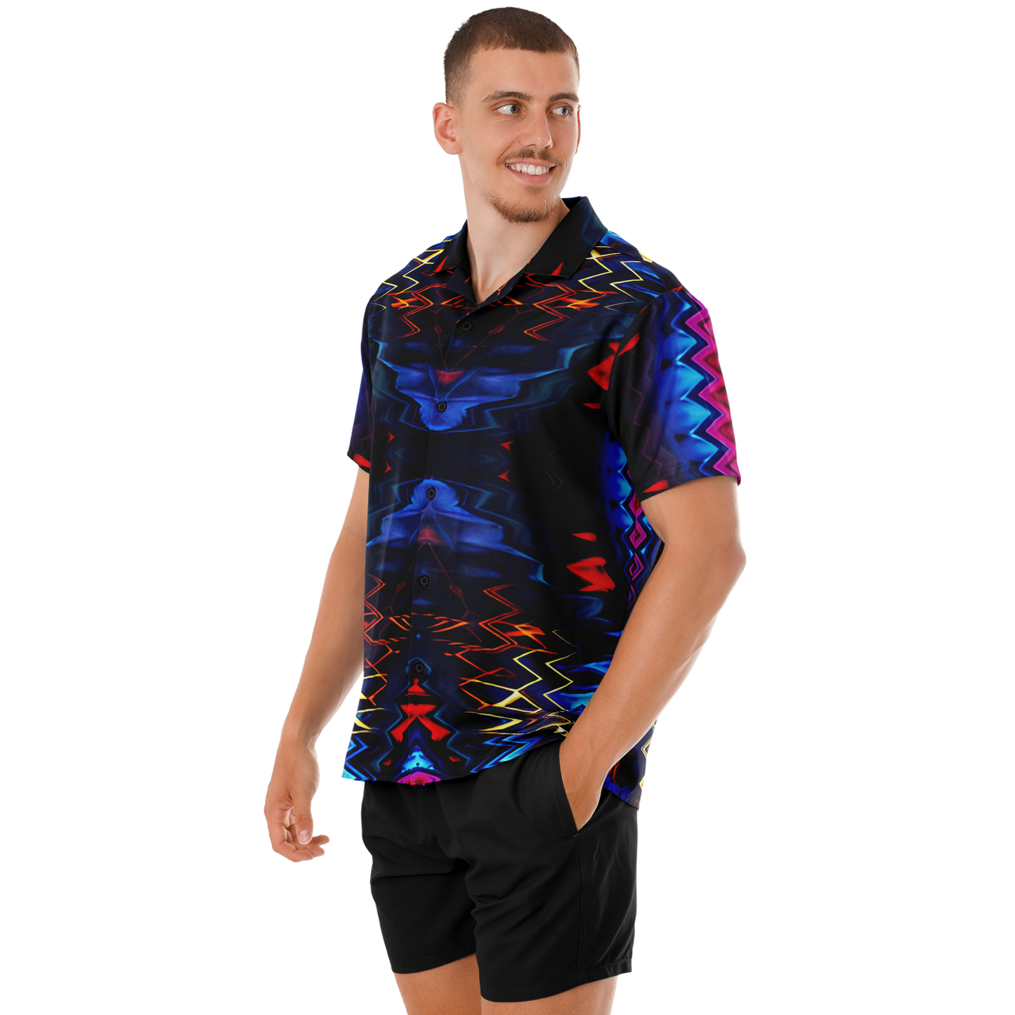 Men's Blue & Red Kaleidoscope Pattern All Over Print Spread Collar Short Sleeve Button-Down Shirt