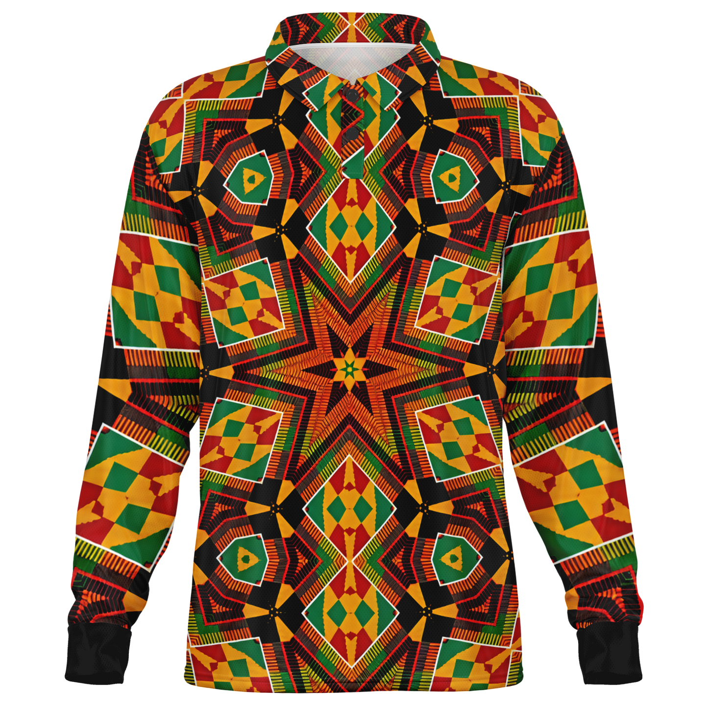 Men’s  African Kente Geometric Star Pattern All-Over Print Long Sleeve Polo Shirt