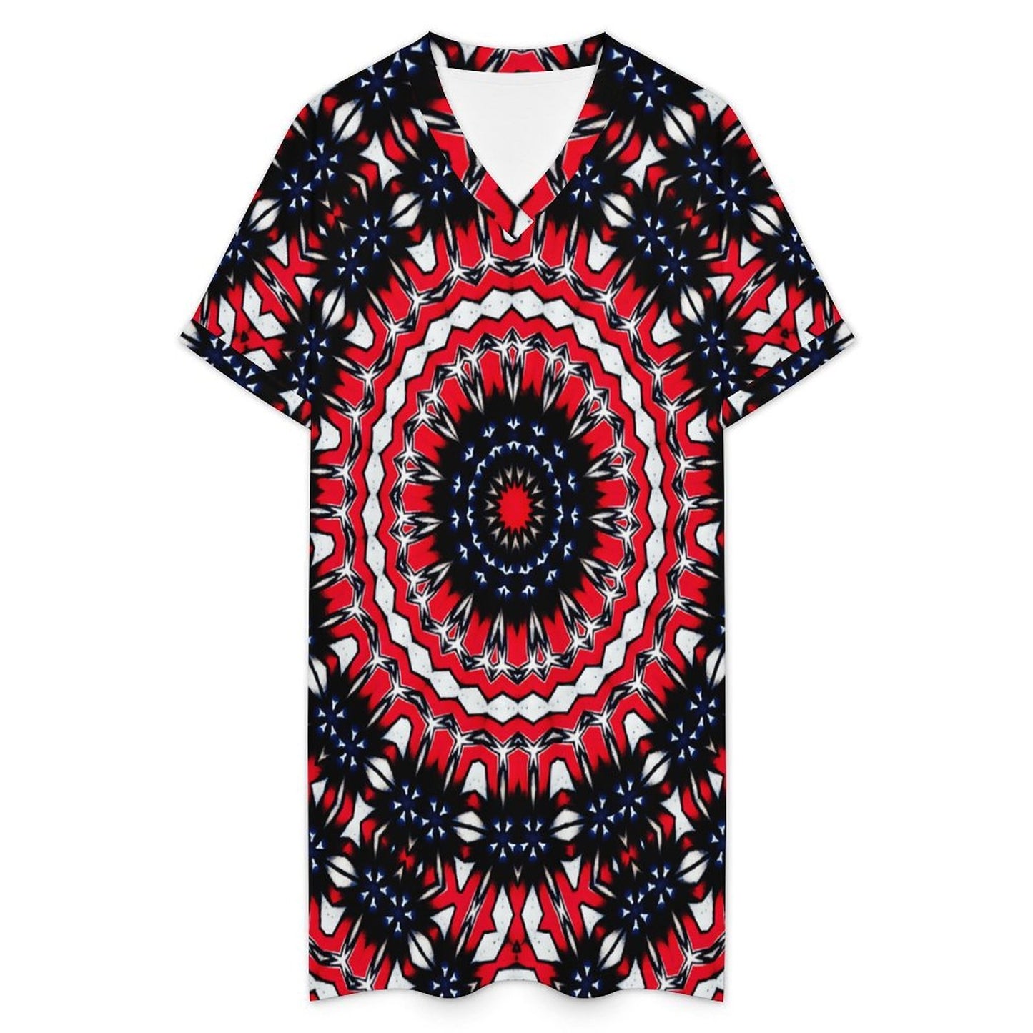 Women's Red, Blue & White Circle Pattern All-Over Print Casual V-Neck Dress with Rolled Cuffs