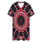 Women's Red, Blue & White Circle Pattern All-Over Print Casual V-Neck Dress with Rolled Cuffs
