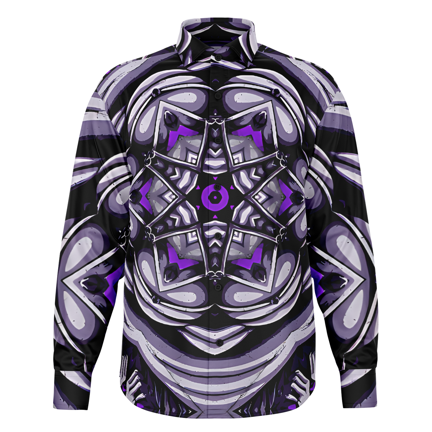 Men's Kaleidoscope Purple Pattern Spread Collar Long Sleeve Button-Down All Over Print Shirt.
