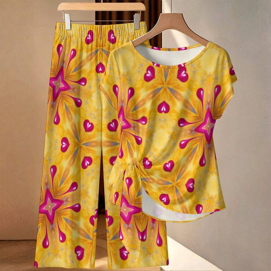 Women's Heart Kaleidoscope Pattern All Over Print Side-Tie Short Sleeve Top & Wide-Leg Pants Set
