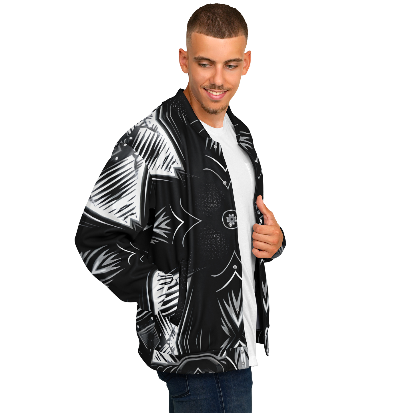 Men's Black & White Geometric Pattern All Over print All Over Print Baseball Jacket