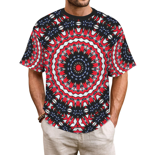 Men's Patriotic Mandala Red White Blue Pattern All Over Print Cut & Sew Ribbed Collar T-Shirt