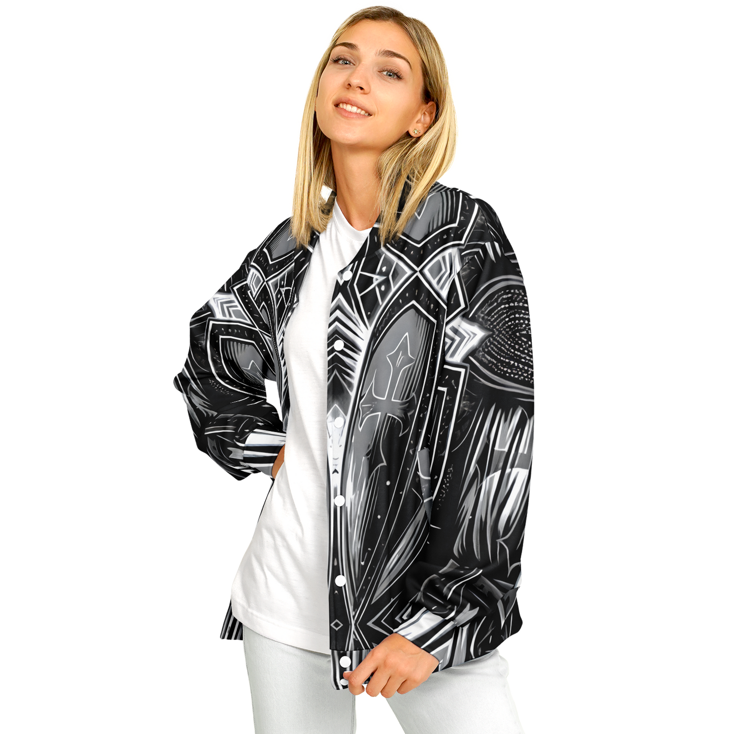 Women's Black & Silver Symmetry Pattern All-Over Print Baseball Jacket