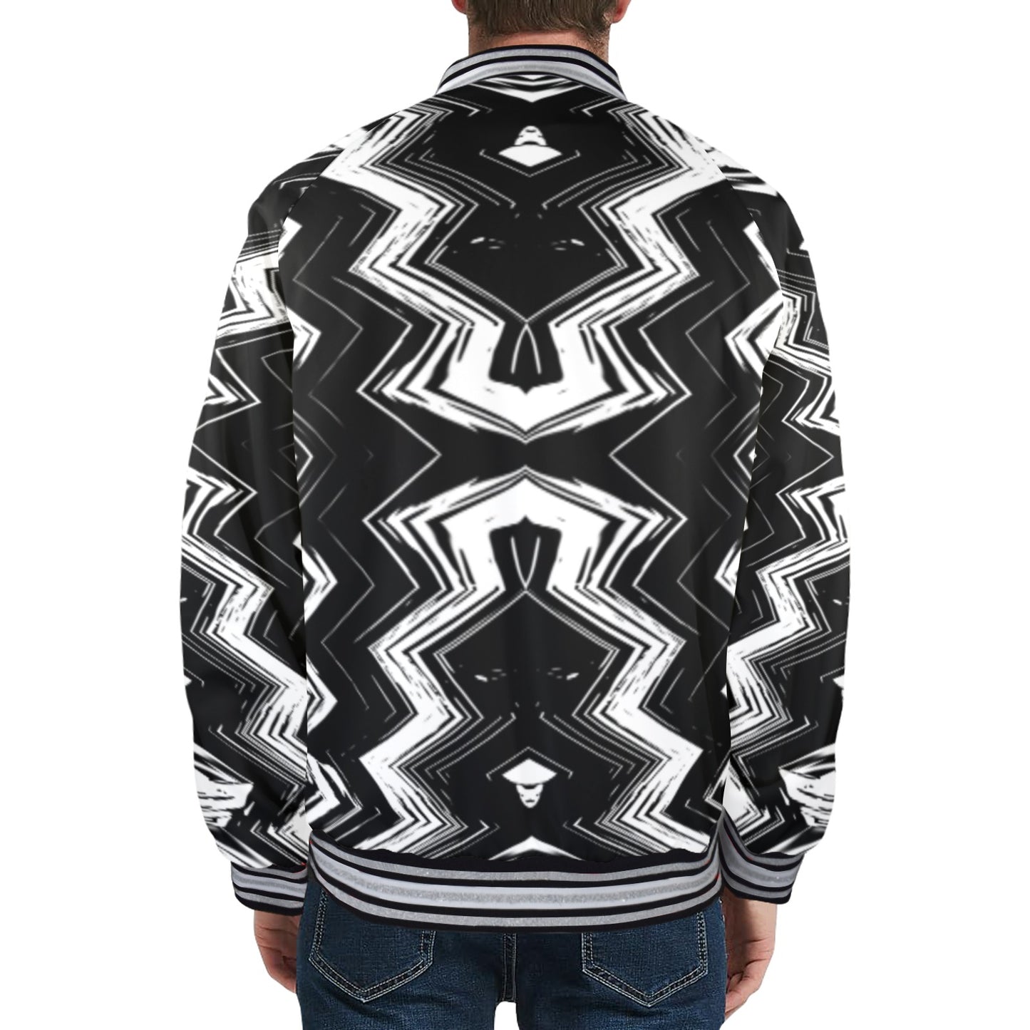 Men's Black & White Geometric Pattern All-Over Print Striped Trim Bomber Jacket