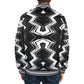 Men's Black & White Geometric Pattern All-Over Print Striped Trim Bomber Jacket