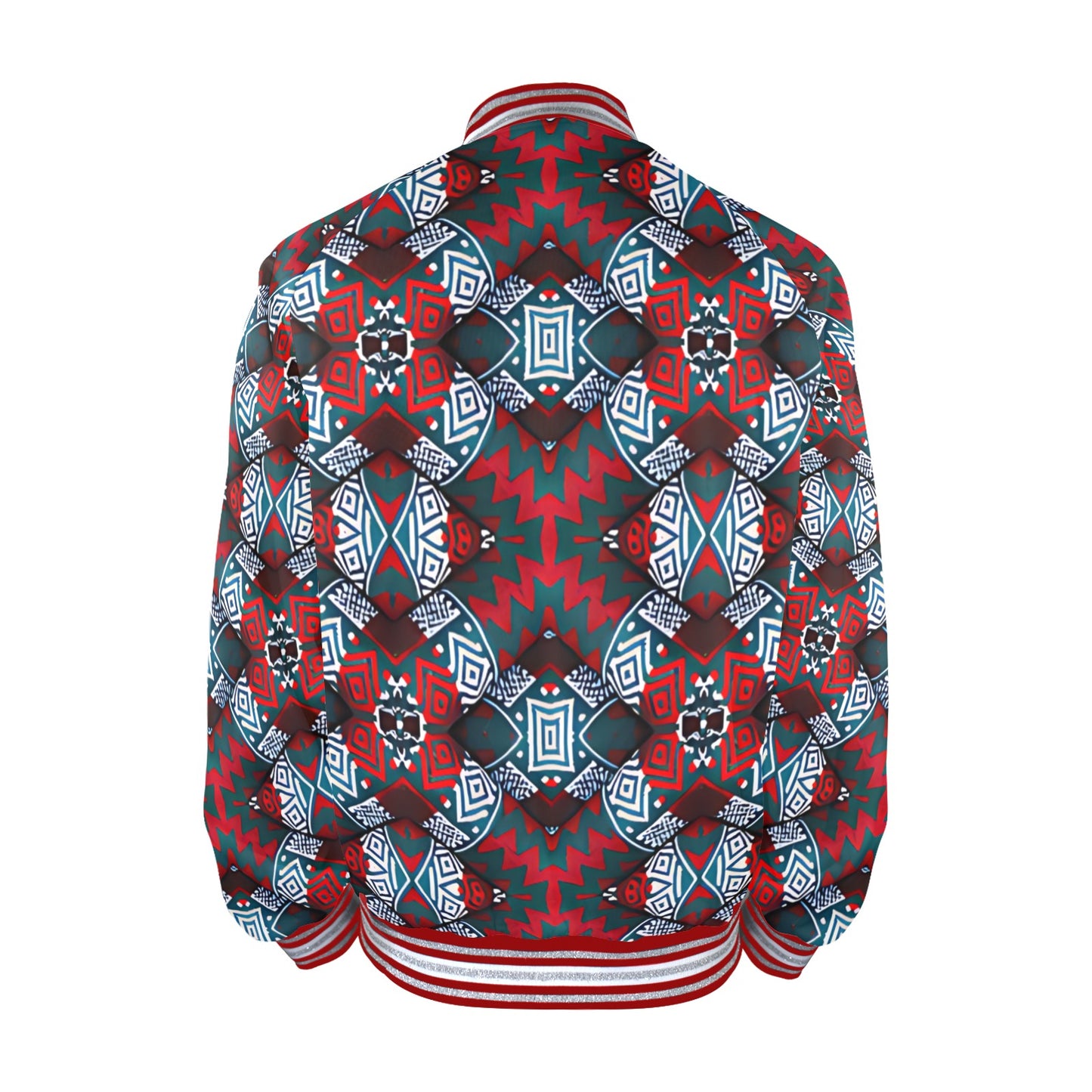 Men's Red, Green & White Teal Aztec Geo Pattern All-Over Print Striped Trim Bomber Jacket
