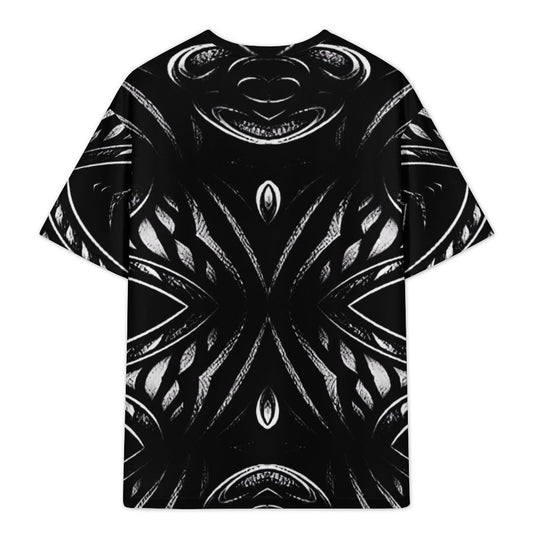 Men's Black & White Geometric Pattern All-Over Print Plus Size Drop Shoulder T-Shirt