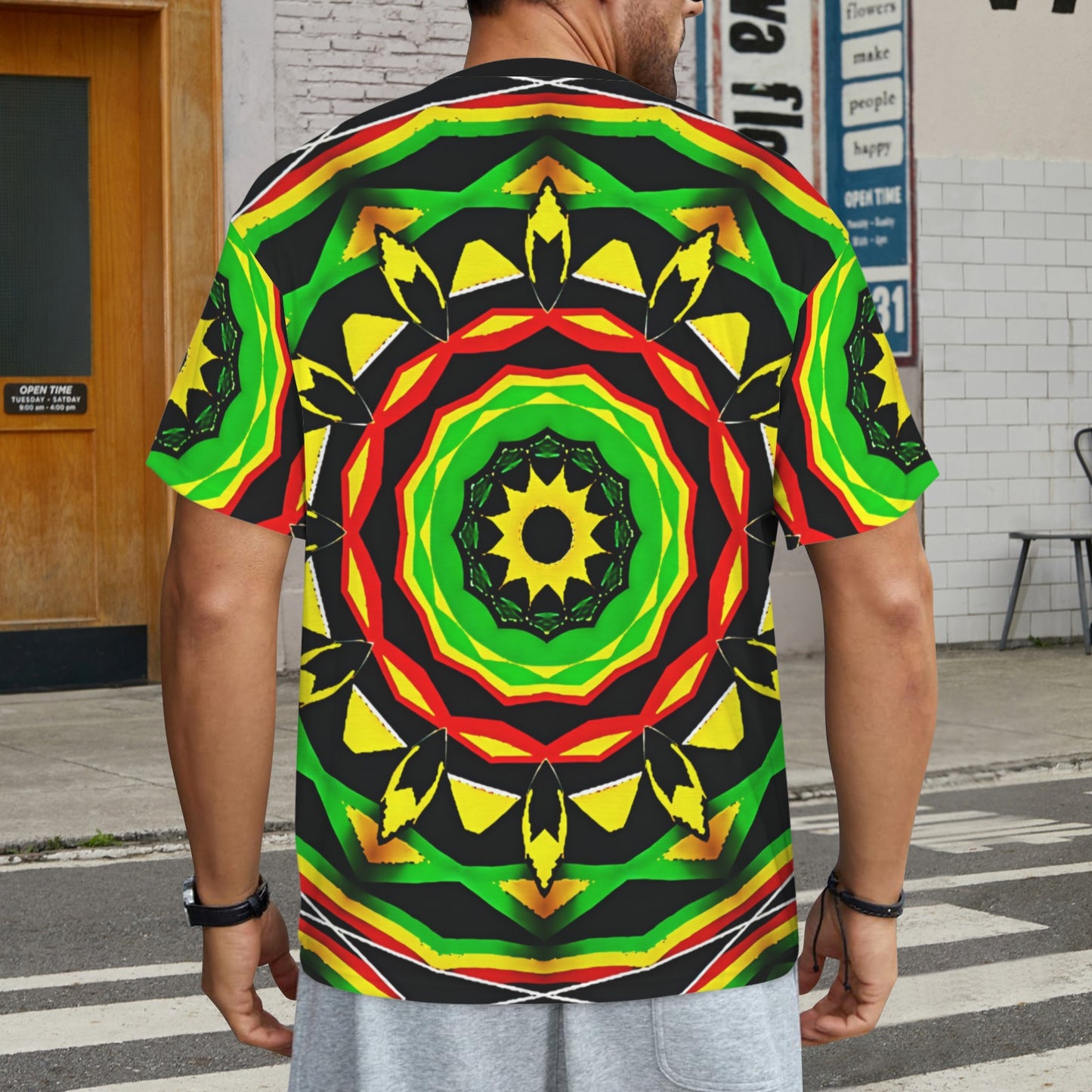 Men's Psychedelic Bold Reggae Colors All Over Print Ribbed Collar T-Shirt
