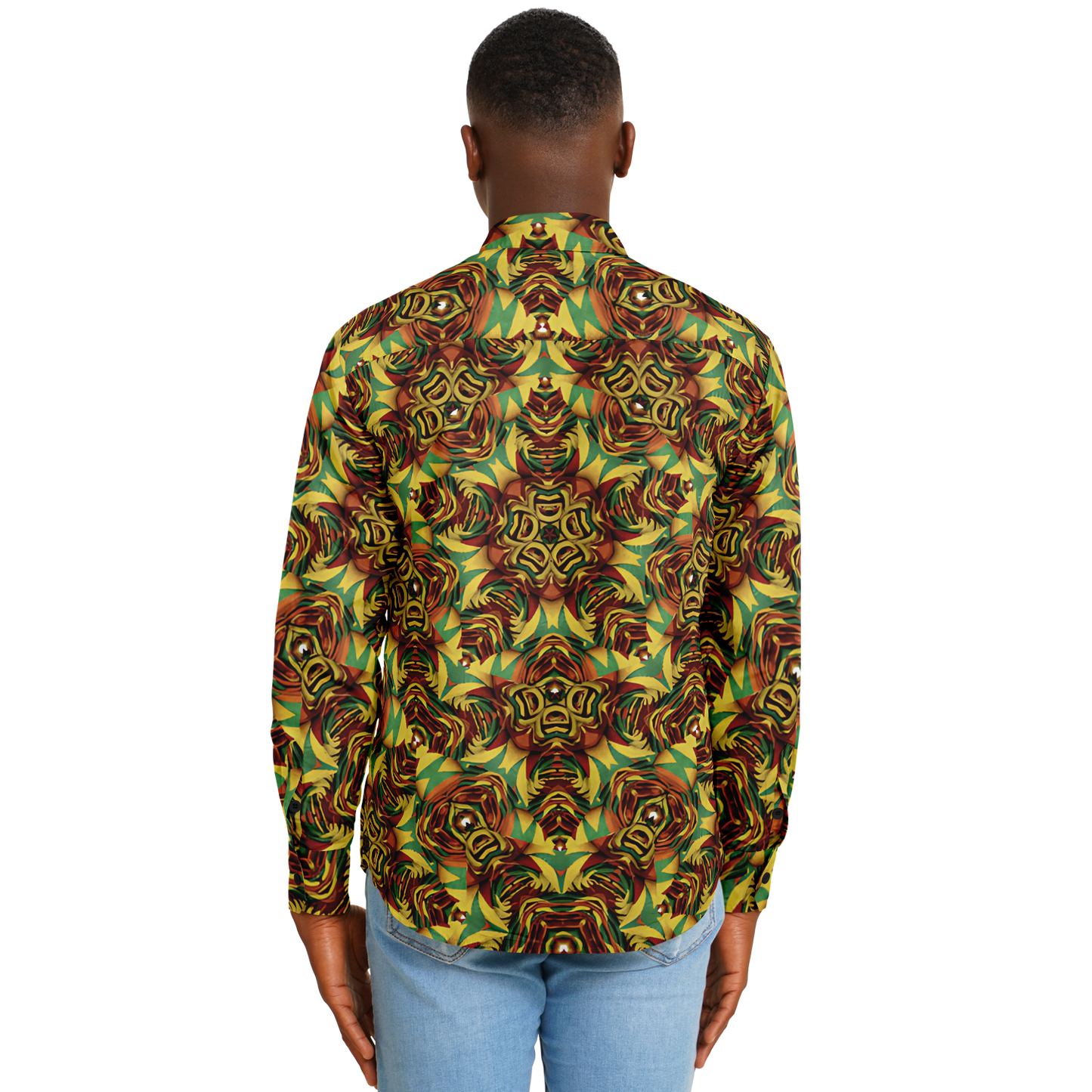 Men's Vibrant Geometric Pattern Spread Collar Long Sleeve Button-Down All Over Print Shirt.