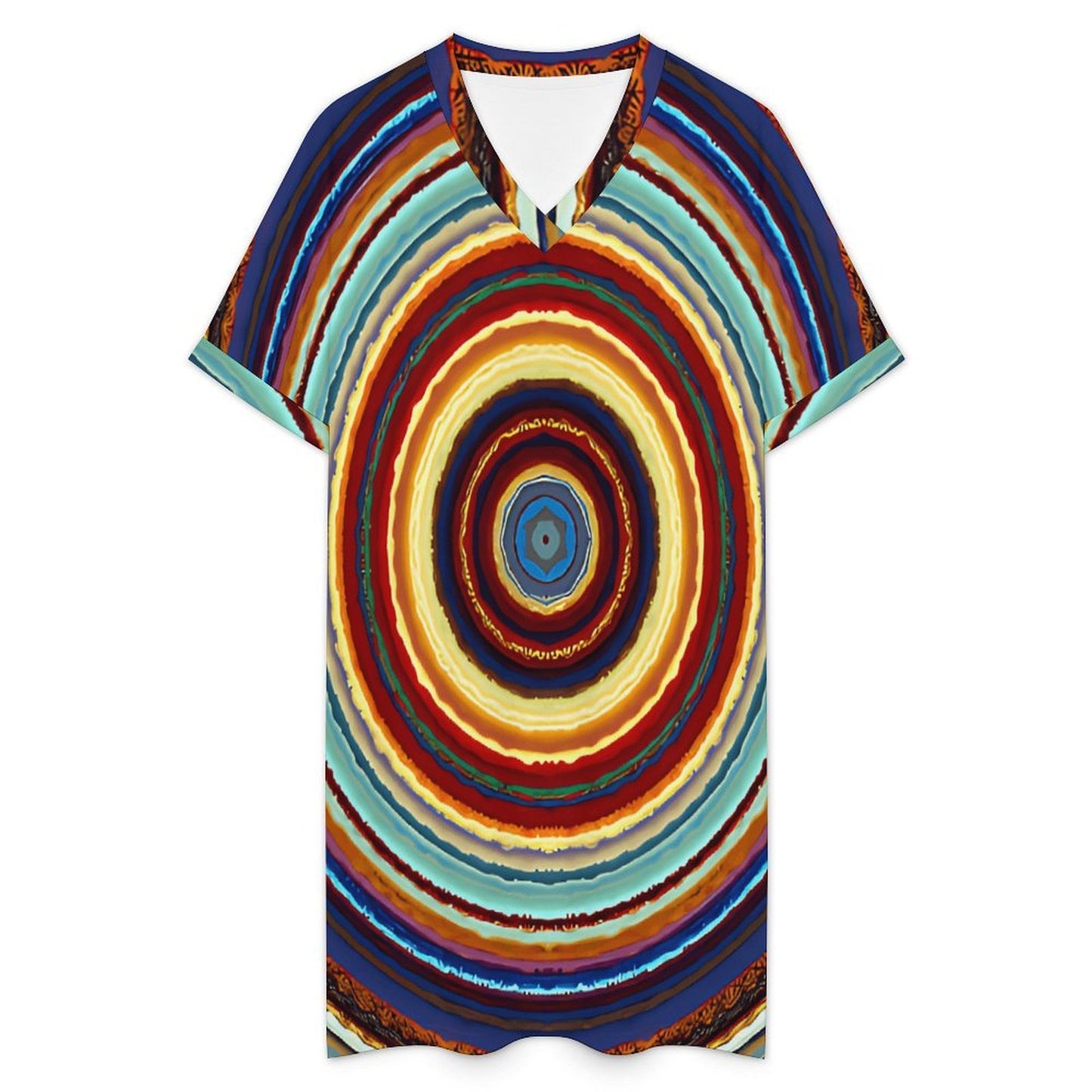 Women's Retro Radiant Circle Pattern All-Over Print Casual V-Neck Dress with Rolled Cuffs