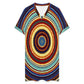 Women's Retro Radiant Circle Pattern All-Over Print Casual V-Neck Dress with Rolled Cuffs