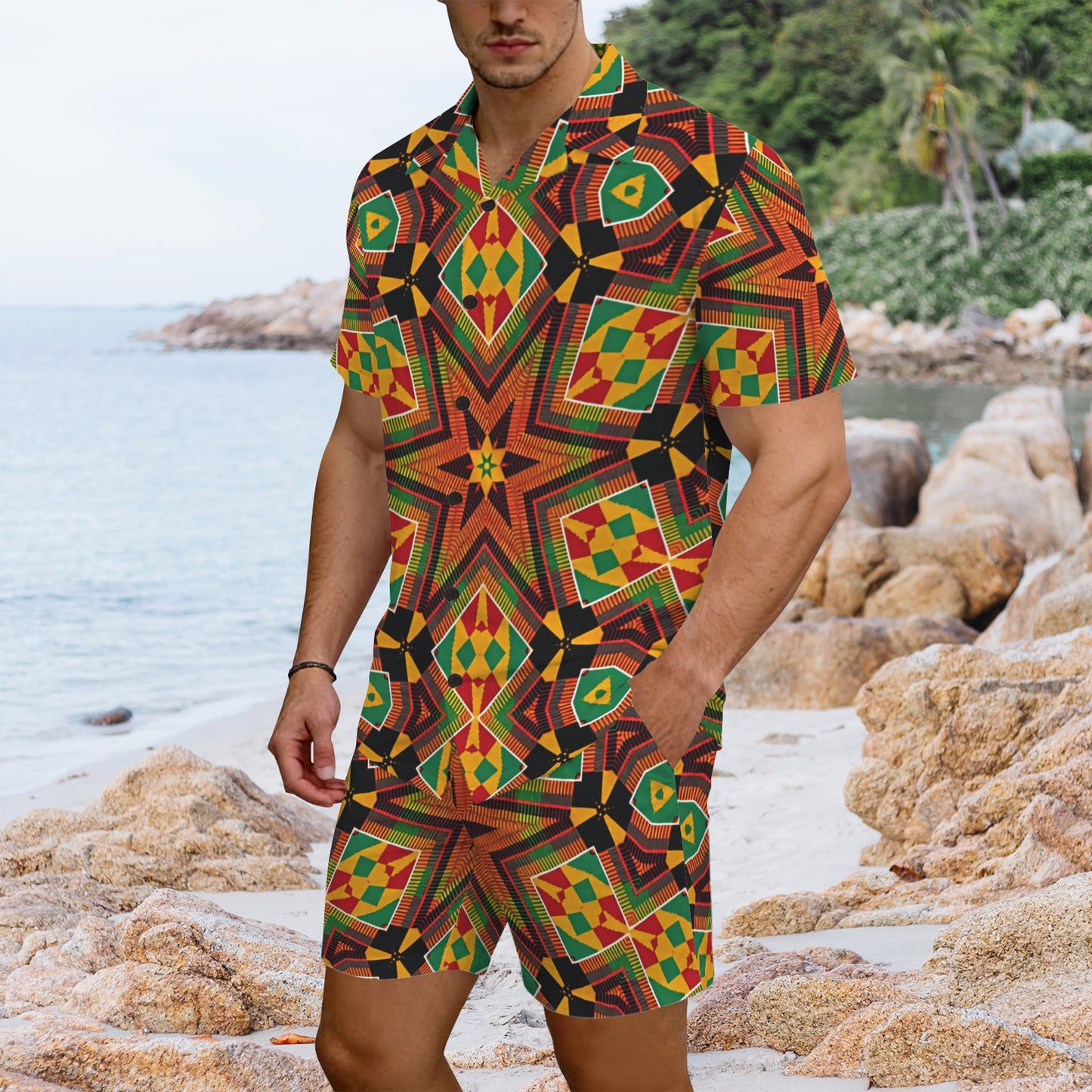 Men's African Kente Geometric Star Pattern All-Over Print Hawaiian Shirt & Shorts Set