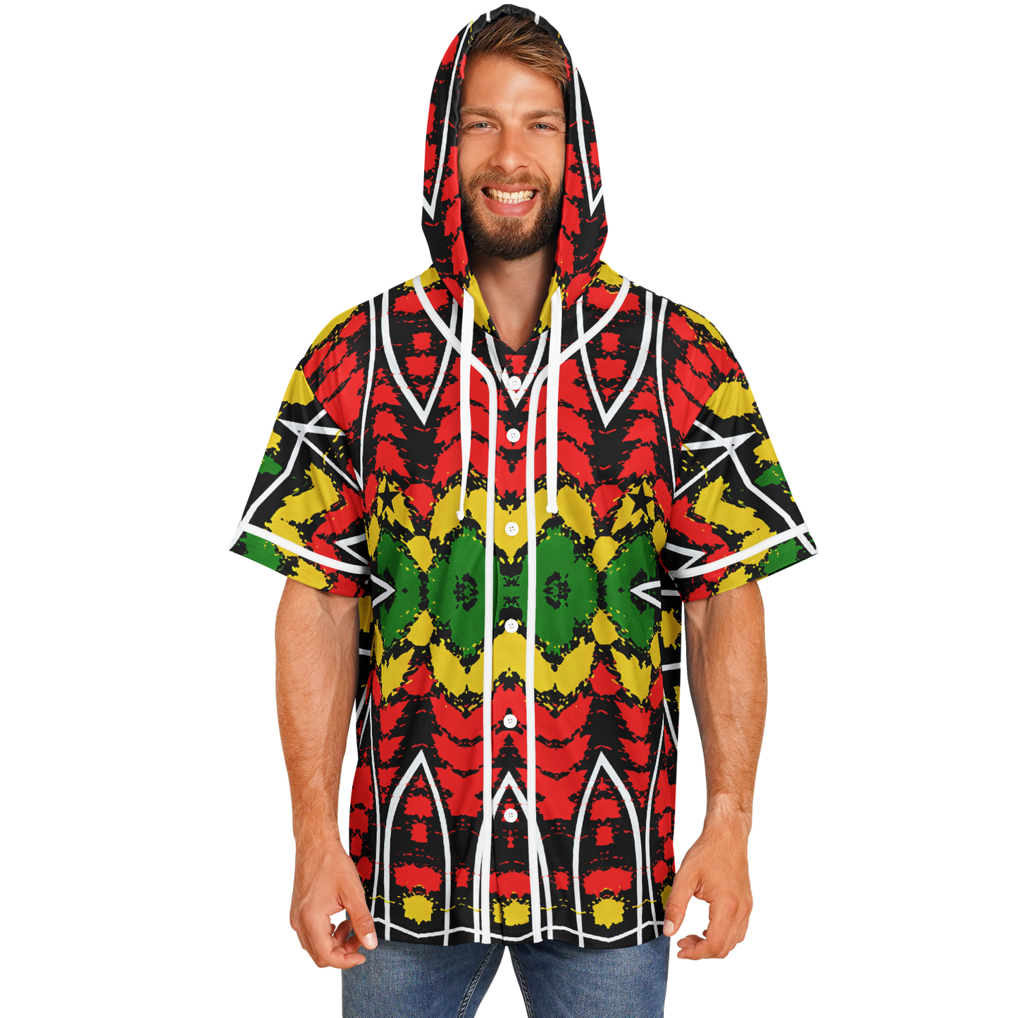 Men's Ghana Flag & Black Star Pattern All-Over Print Hooded Baseball Jersey