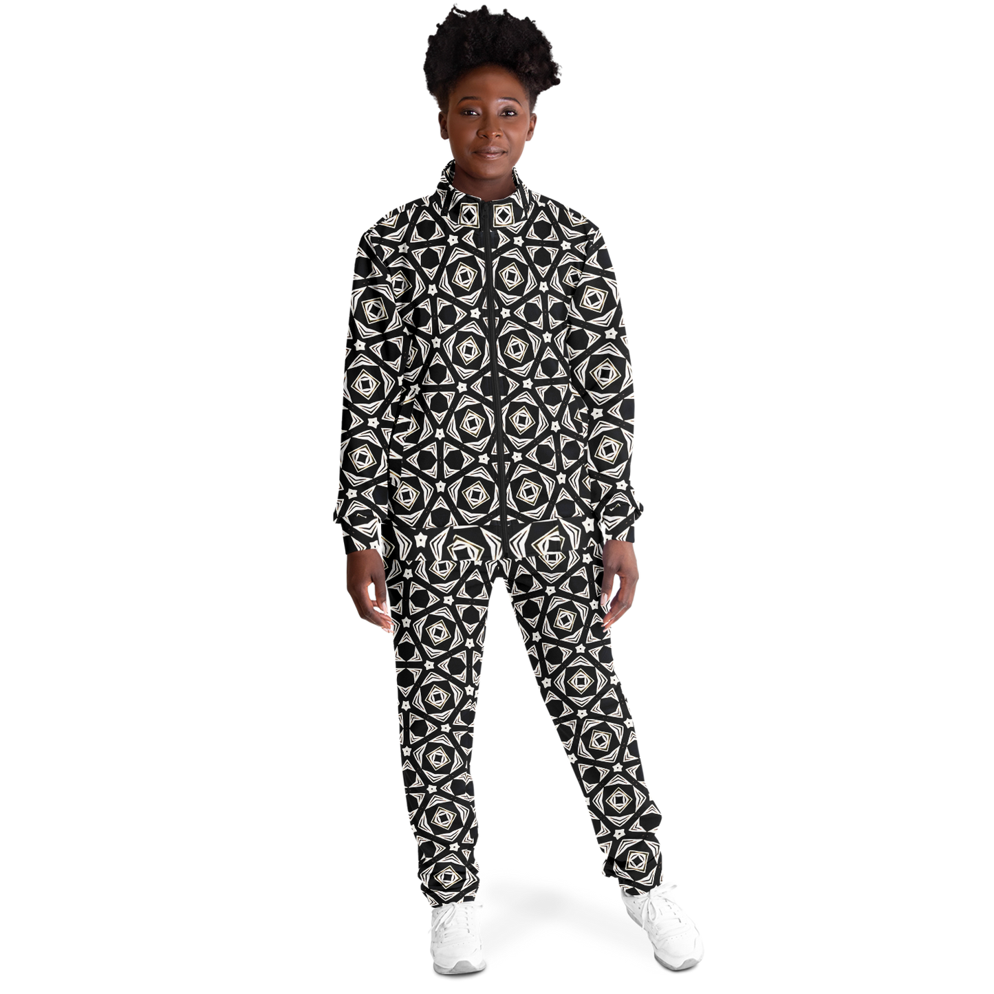 Women's Black Geometric Pattern Track Jacket and Pants