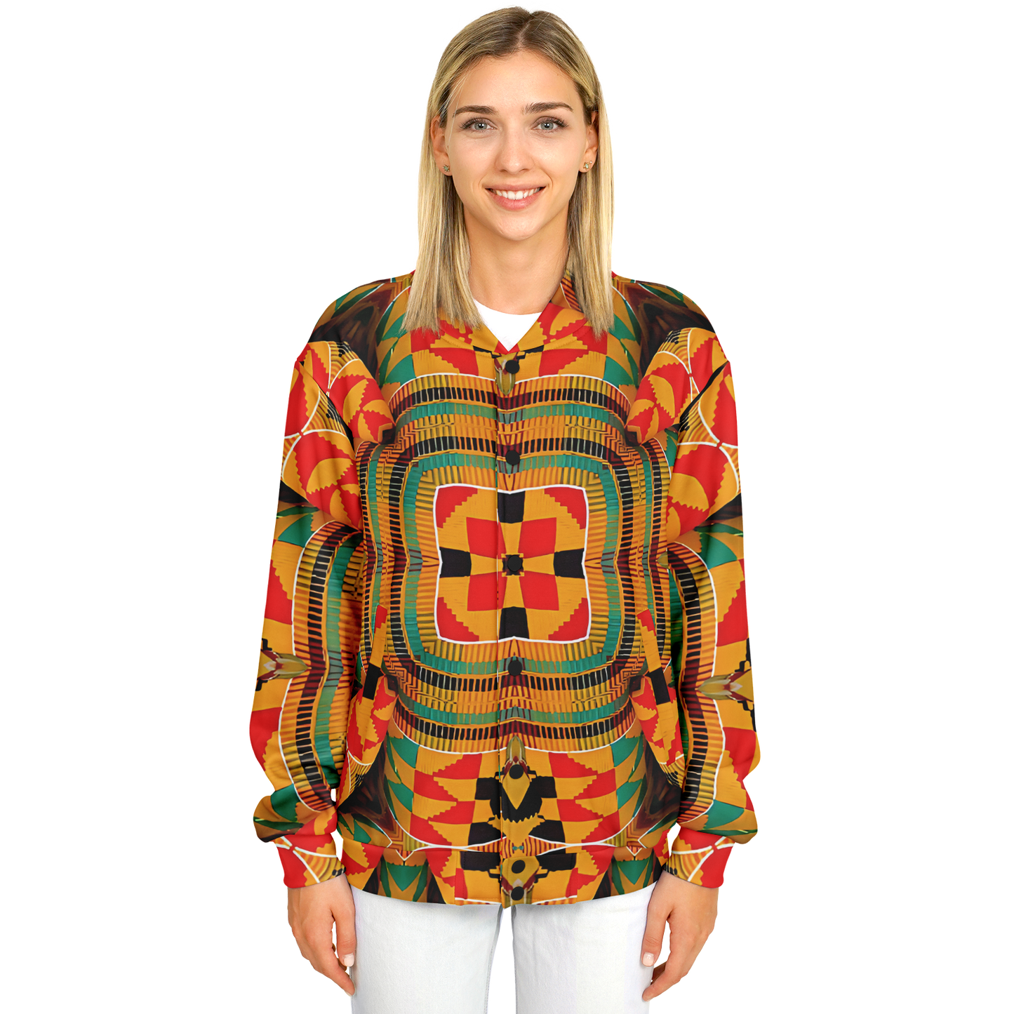 Women's Vibrant African Kente-Inspired Pattern All-Over Print Baseball Jacket