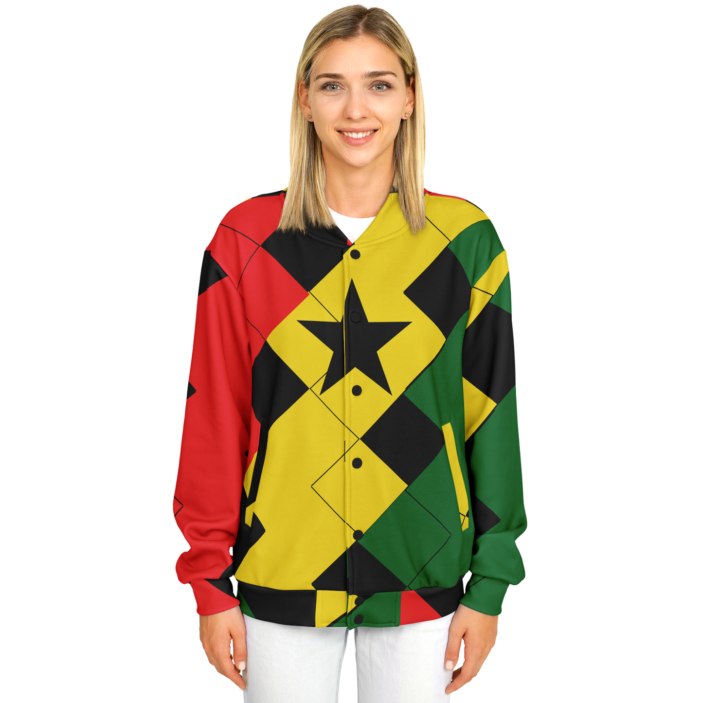 Women's Ghana Flag & Black Star Pattern All-Over Print Baseball Jacket
