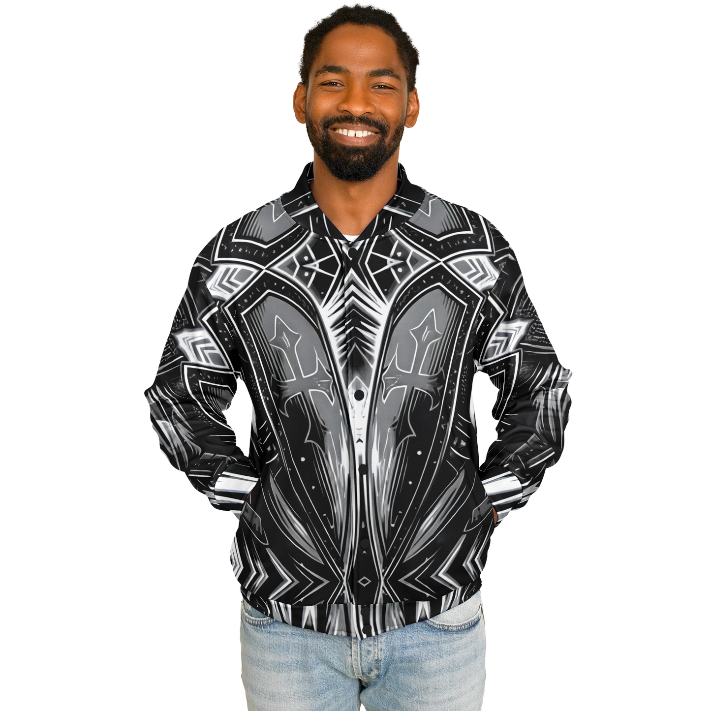 Men's Black & Silver Symmetry Pattern All-Over Print Baseball Jacket