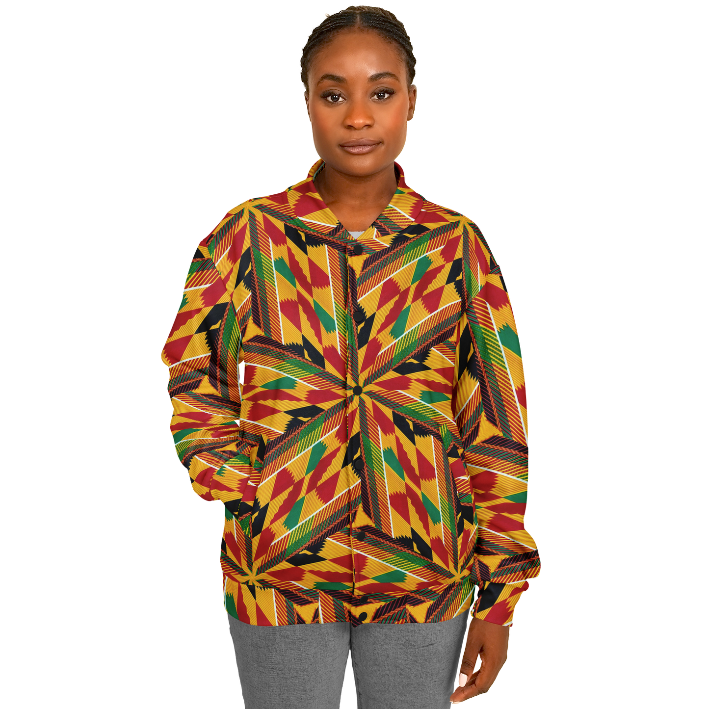 Women's Vibrant African Kente Geometric All-Over Print Baseball Jacket