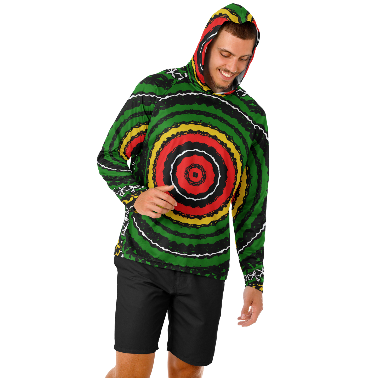 Men's Green Striped with Vibrant Accent Pattern All Over print Long Sleeve Hooded Performance Shirt