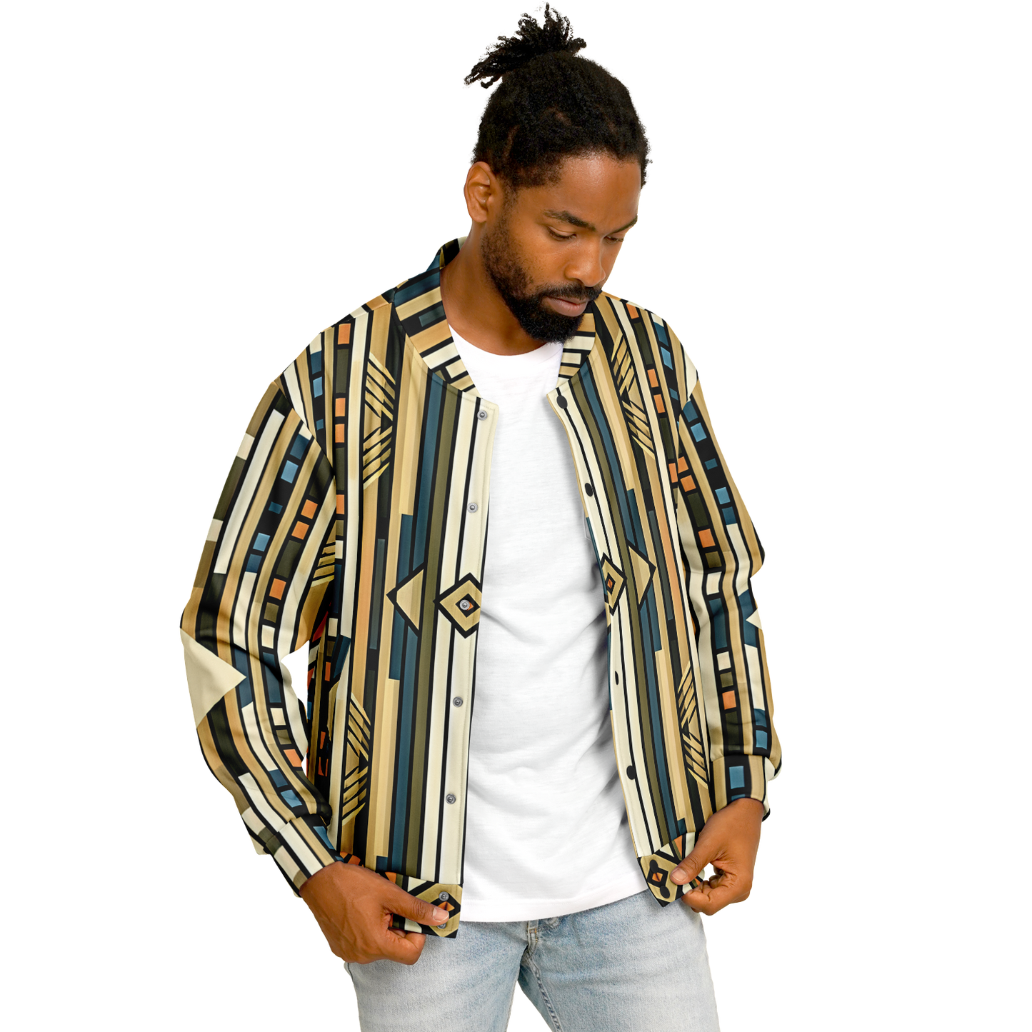 Men's Retro Geometric Tribal Pattern Design All-Over Print Baseball Jacket