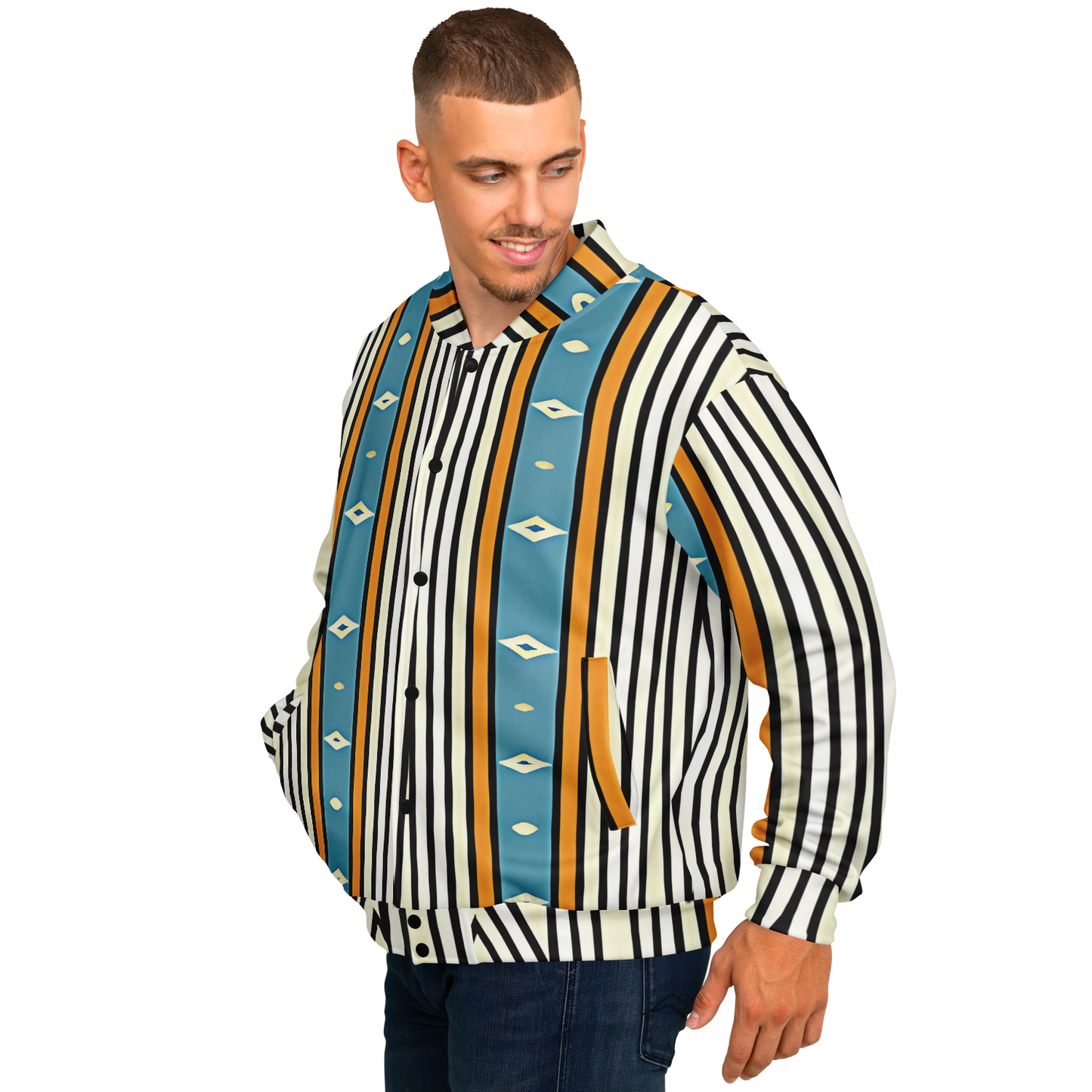 Men's Striped Retro Blue & Orange Patten Design All Over Print Baseball Jacket