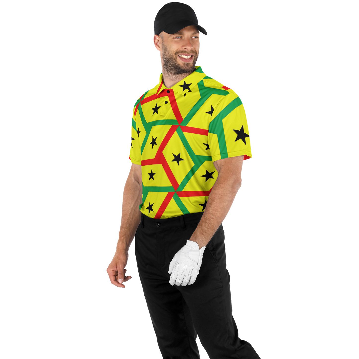 Men's Red Yellow Green Black Stars Polyester Polo Shirt