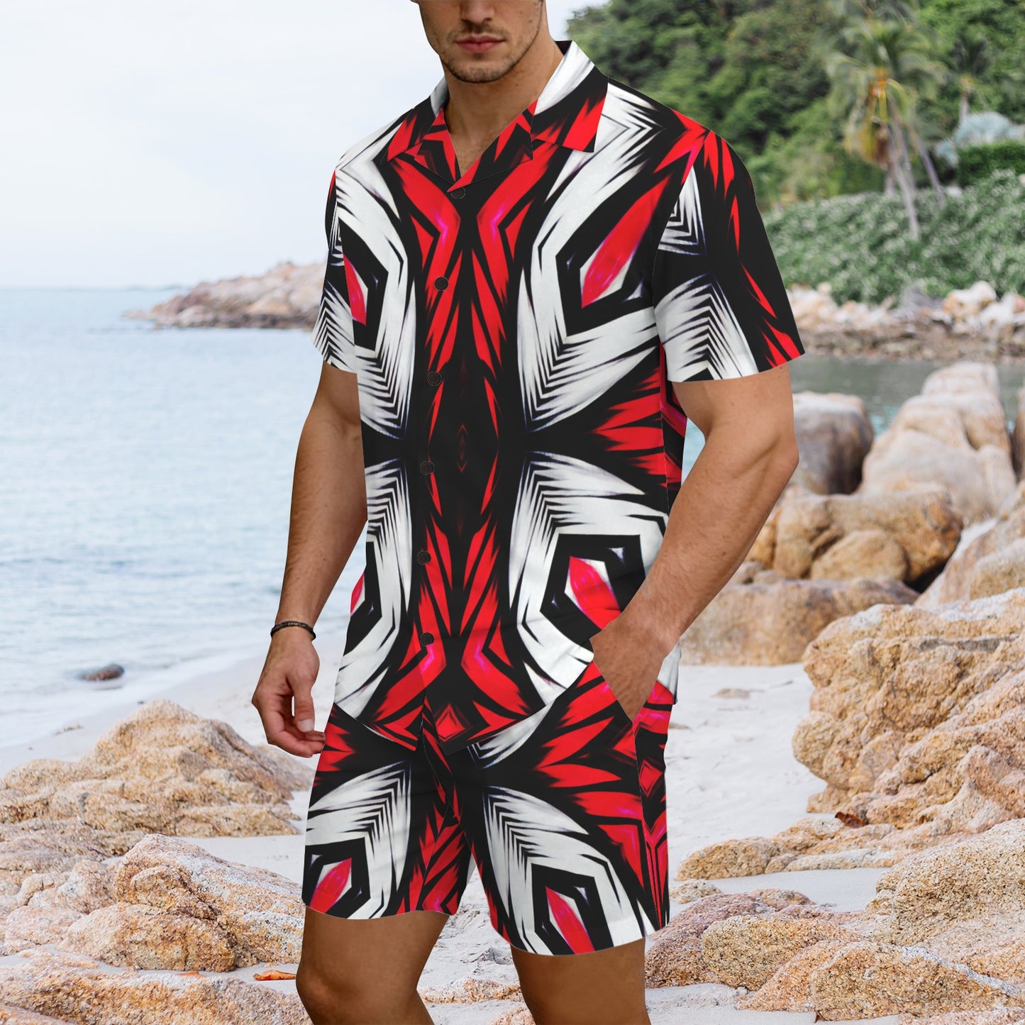 Men's Abstract Red, White & Black Pattern All-Over Print Hawaiian Shirt & Shorts Set