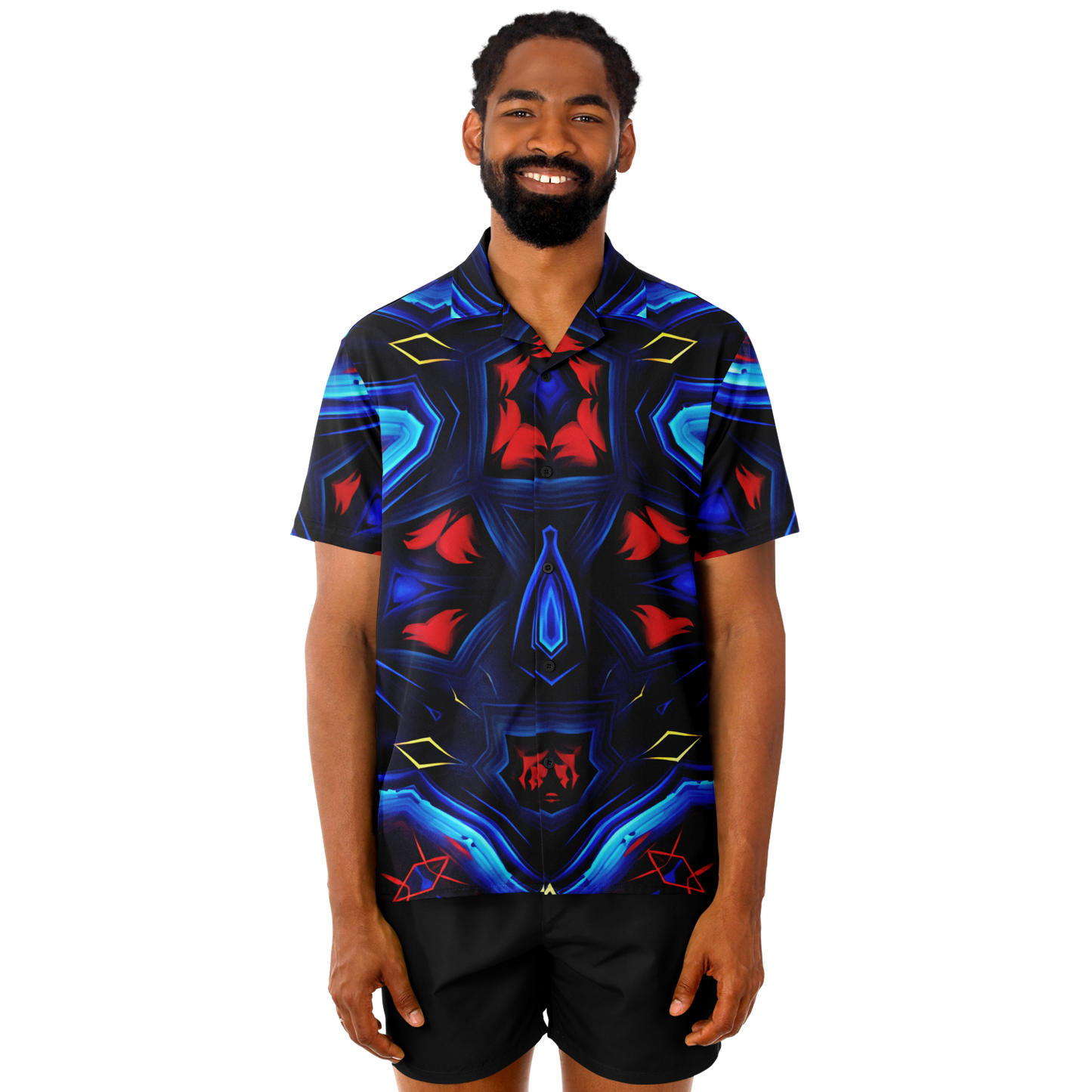 Men's Blue & Red Kaleidoscope Pattern All Over Print Spread Collar Short Sleeve Button-Down Shirt